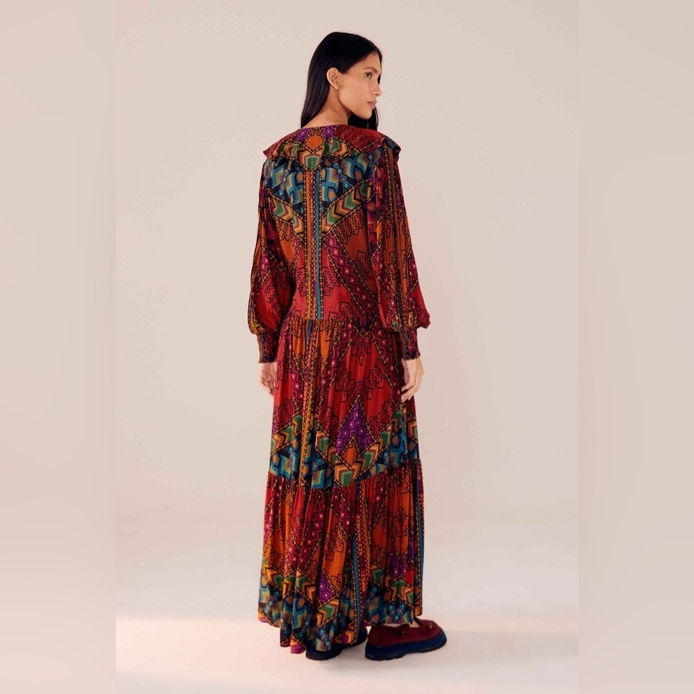 Farm Rio Yawanawa Stripes Midi Maxi Long Sleeve Mutlicolor Printed Dress - Picture 3 of 10